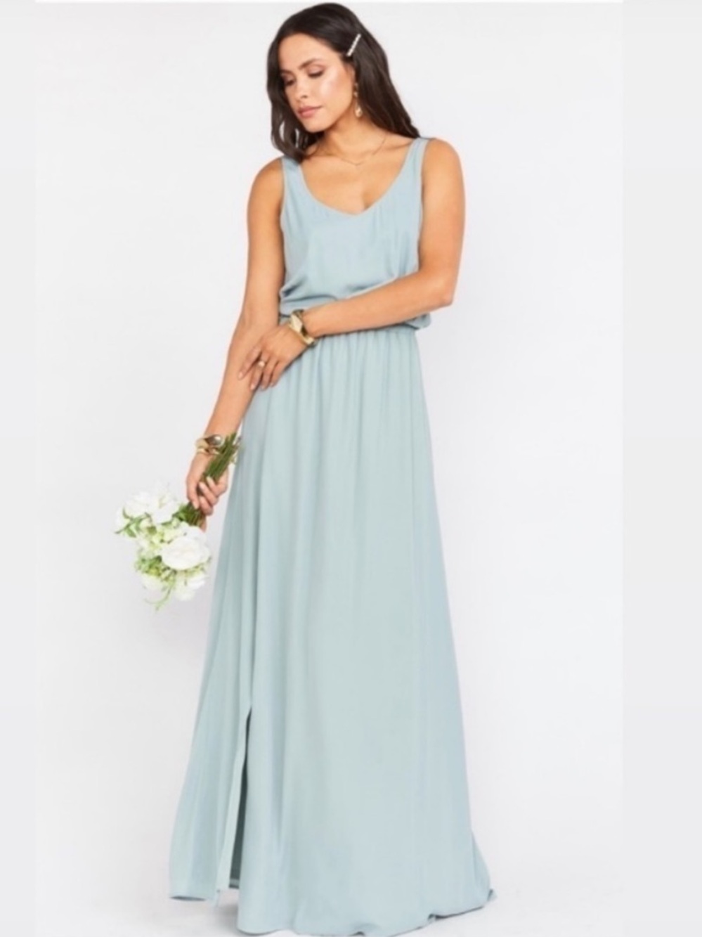 Show Me Your Mumu Kendall Maxi Dress Silver Sage Crisp Bridesmaid Formal Boho- L